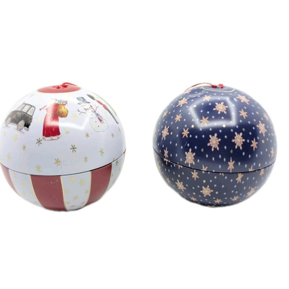 Set of 2 Ornaments Milly Green Tin Spherical  Christmas Star stripes Santa READ